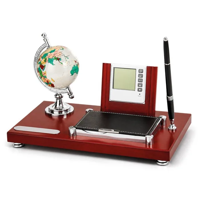 Wooden Desk Set with Globe and Clock Frame