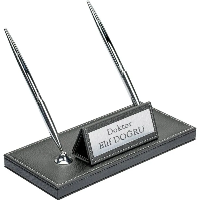 Leather Desk Nameplate with Two Pens