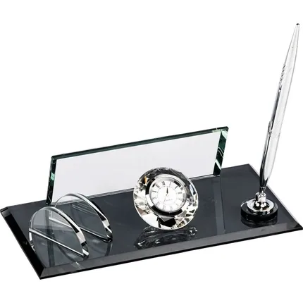 Black Crystal Desk Set with Clock